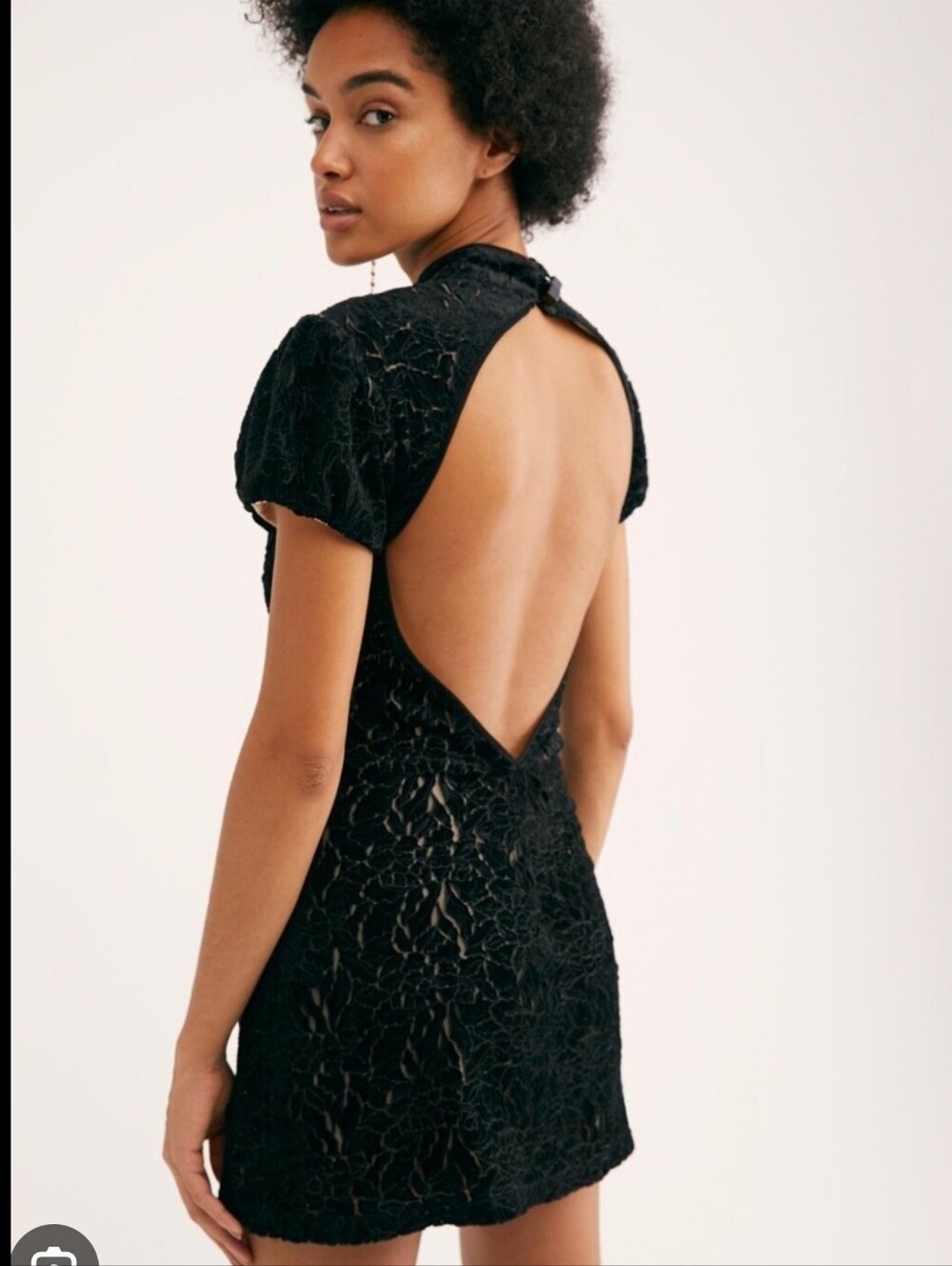Free People Black Velvet Lace Open Back Mini Dress Mock Neck Size 8